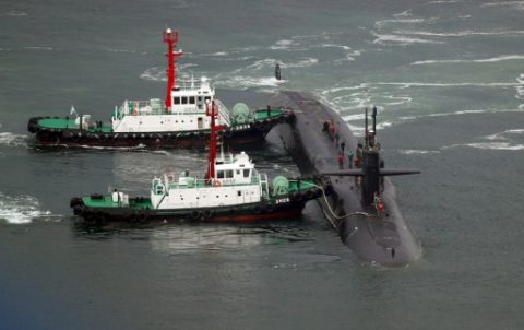 Nuclear-powered submarine USS Michigan approaches at the southeastern port city of Busan on April 25, 2017. North Korea on April 25, marked a military anniversary with a conventional firing drill, reports said, as South Korea announced joint naval exercises with a US aircraft carrier amid tensions over Pyongyang's nuclear ambitions. / AFP PHOTO / YONHAP / YONHAP / - South Korea OUT / NO ARCHIVES - RESTRICTED TO SUBSCRIPTION USE