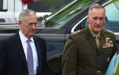 US Defense Secretary James Mattis (L) and Chairman of the Joint Chiefs of Staff Joseph Dunford are seen on West Executive Drive after briefing US senators on the situation in North Korea in the Eisenhower Executive Office Building, next to the White House on April 26, 2017 in Washington, DC. / AFP PHOTO / MANDEL NGAN