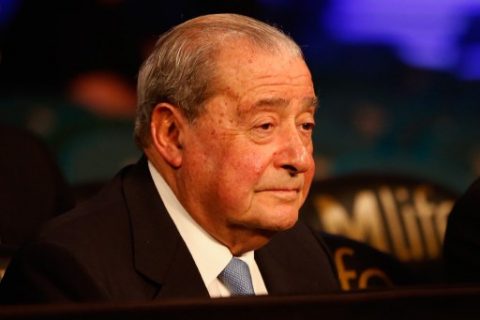 LAS VEGAS, NEVADA - APRIL 09: Top Rank Founder and CEO Bob Arum sits ringside during the super featherweight fight between Devin Haney and Rafael Vazquez on April 9, 2016 at MGM Grand Garden Arena in Las Vegas, Nevada. Christian Petersen/Getty Images/AFP