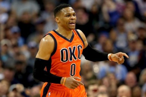 DENVER, CO - APRIL 09: Russell Westbrook #0 of the Oklahoma City Thunder shouts instructions to his team as he runs to the opposite end of the floor while playing the Denver Nuggets at Pepsi Center on April 9, 2017 in Denver, Colorado. NOTE TO USER: User expressly acknowledges and agrees that , by downloading and or using this photograph, User is consenting to the terms and conditions of the Getty Images License Agreement.   Matthew Stockman/Getty Images/AFP