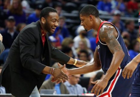 AUBURN HILLS, MI - APRIL 10: Bradley Beal #3 of the Washington Wizards celebrates with John Wall #2 after a fourth quarter dunk while playing the Detroit Pistons at the final NBA game at the Palace of Auburn Hills on April 10, 2017 in Auburn Hills, Michigan. NOTE TO USER: User expressly acknowledges and agrees that, by downloading and or using this photograph, User is consenting to the terms and conditions of the Getty Images License Agreement. Gregory Shamus/Getty Images/AFP