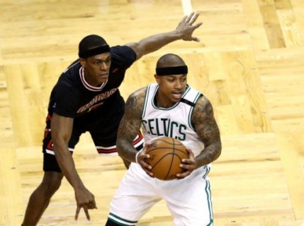 BOSTON, MA - APRIL 16: Rajon Rondo #9 of the Chicago Bulls defends Isaiah Thomas #4 of the Boston Celtics during the third quarter of Game One of the Eastern Conference Quarterfinals at TD Garden on April 16, 2017 in Boston, Massachusetts. NOTE TO USER: User expressly acknowledges and agrees that, by downloading and or using this Photograph, user is consenting to the terms and conditions of the Getty Images License Agreement. Maddie Meyer/Getty Images/AFP