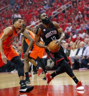 HOUSTON, TX - APRIL 16: James Harden #13 of the Houston Rockets drives past Andre Roberson #21 of the Oklahoma City Thunder for a layup during the first quarter during Game One of the first round of the Western Conference 2017 NBA Playoffs at Toyota Center on April 16, 2017 in Houston, Texas. NOTE TO USER: User expressly acknowledges and agrees that, by downloading and/or using this photograph, user is consenting to the terms and conditions of the Getty Images License Agreement. Bob Levey/Getty Images/AFP