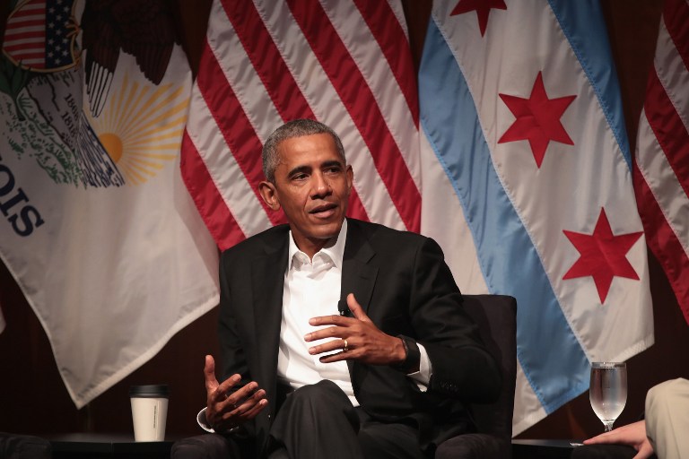 CHICAGO, IL - APRIL 24: Former U.S. President Barack Obama speaks during a forum at the University of Chicago held to promote community organizing on April 24, 2017 in Chicago, Illinois. The visit marks Obama's first formal public appearance since leaving office. Scott Olson/Getty Images/AFP