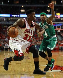 CHICAGO, IL - APRIL 28: Jimmy Butler #21 of the Chicago Bulls moves against Isaiah Thomas #4 of the Boston Celtics during Game Six of the Eastern Conference Quarterfinals during the 2017 NBA Playoffs at the United Center on April 28, 2017 in Chicago, Illinois. Jonathan Daniel/Getty Images/AFP