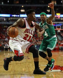 CHICAGO, IL - APRIL 28: Jimmy Butler #21 of the Chicago Bulls moves against Isaiah Thomas #4 of the Boston Celtics during Game Six of the Eastern Conference Quarterfinals during the 2017 NBA Playoffs at the United Center on April 28, 2017 in Chicago, Illinois.   Jonathan Daniel/Getty Images/AFP