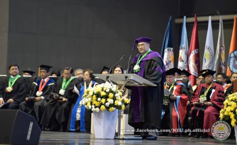 NEU Vice President for Academic Affairs and concurrent dean of the College of Law, Atty. Serafin Cuevas, addressing the NEU graduates at the 42nd commencement exercises at the Philippine Arena on Tuesday, April 18, 2017.  (Photo courtesy NEU official facebook page)