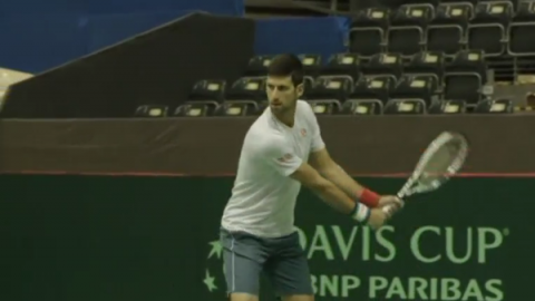 Novak Djokovic happy to open Serbia's Davis Cup tie with Spain as both sides prepare for their quarter-final meeting.(photo grabbed from Reuters video)