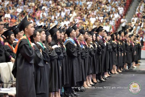 Some of the New Era University graduates inside the Philippine Arena on Tuesday, APril 18, 2017, during the school's 42nd commencement exercises.  (Photo courtesy NEU official facebook page)