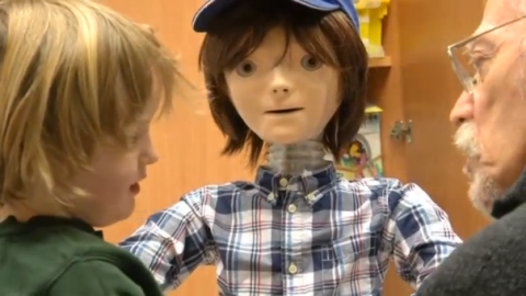 A humanoid robot called Kaspar has been designed to engage specifically with children with autism, helping them to interact and communicate with adults and other children.(photo grabbed from Reuters video)