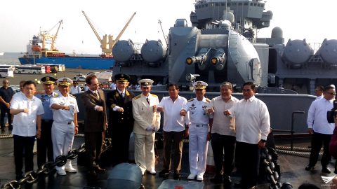 President Rodrigo Duterte with the Russian warship Varyag crew. /Jerold Tagbo/ Eagle News Service