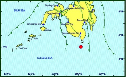 A map of where the 7.2 magnitude quake was located 53 kilometers southwest off Sarangani town. (Photo courtesy Phivolcs)