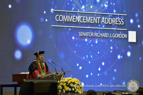 Senator Richard Gordon was the keynote speaker during the 42nd commencement exercises of the New Era University held at the Philippine Arena on Tuesday, April 18, 2017. (Photo courtesy NEU official facebook page)