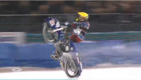 Koltakov wins 2017 Ice Speedway World Championship in Heerenveen despite crashing out at last corner of final lap.(photo grabbed from Reuters video)