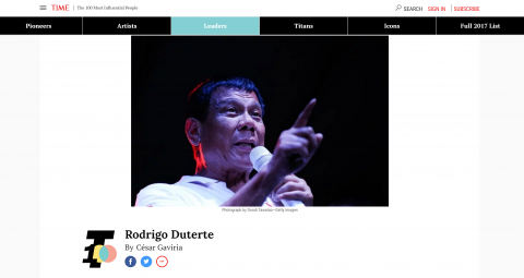 The photo of President Rodrigo Duterte used by TIME Magazine and the byline of former Colombian President Cesar Gaviria who wrote the critical profile on the Philippine leader. 