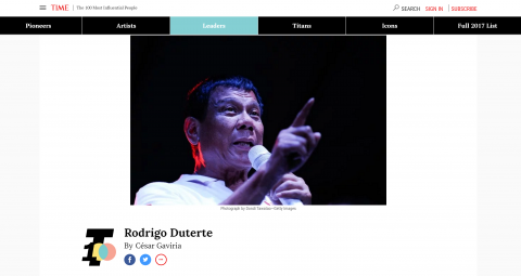 The photo of President Rodrigo Duterte used by TIME Magazine and the byline of former Colombian President Cesar Gaviria who wrote the critical profile on the Philippine leader.
