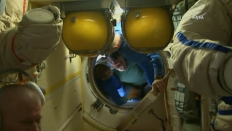 Three astronauts prepare to depart the International Space Station after spending 173 days in orbit.(photo grabbed from Reuters video)