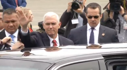 U.S. Vice President Mike Pence arrives in Japan amid heightened tension in the region over North Korea's nuclear weapon program.(photo grabbed from Reuters video)