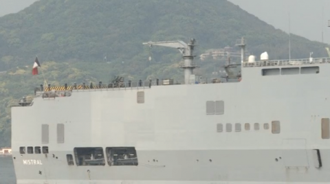 French navy ship Mistral arrives in southern Japan for joint exercises.(photo grabbed from Reuters video)