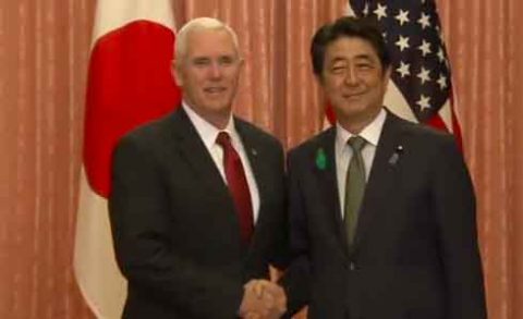 U.S. Vice President Mike Pence says the United States will work with Japan and its allies to find a peaceful resolution to North Korea.(photo grabbed from Reuters video)