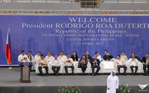 President Rodrigo Duterte addresses the Filipino community in Qatar. (Photo from Charles Anonuevo, Eagle News Service correspondent in Qatar)