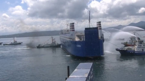 A scene during the inauguration of the new shipping route (Photo grabbed from Reuters video)