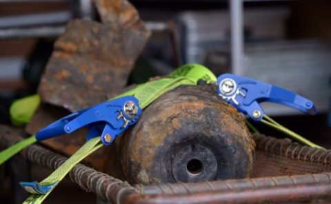 A defused World War II bomb which was found alongside the railway line near Berlin's central railway station, the Hauptbahnhof is picturesd after it was removed on April 3, 2013. The discovery of an unexploded 100-kilogramme World War II bomb unearthed near Berlin's main train station snarled rail and road traffic in the German capital authorities said. AFP PHOTO / JOHANNES EISELE / AFP PHOTO / JOHANNES EISELE