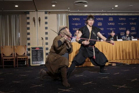 Members of ninja group Ashura show their martial-art skills during a press conference held by Japan Ninja Council at Foreign Correspondents' Club of Japan (FCCJ) in Tokyo on February 22, 2017. The Japan Ninja Council, announced its new projects including development of tourist circuits, building a museum devoted to ninja in Tokyo to open in 2018 and a "ninja academy" to train the martial-art of ninja.  / AFP PHOTO / Behrouz MEHRI