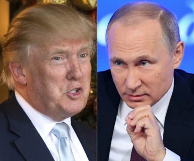 (FILES/COMBO) This combination of pictures created on December 30, 2016 shows a file photo taken on December 28, 2016 of US President-elect Donald Trump (L) in Palm Beach, Florida; and a file photo taken on December 23, 2016, of Russian President Vladimir Putin speaking in Moscow. Trump will speak with Putin by phone on May 2, 2017, as the two leaders look to make headway on ties in the face of deep rifts over Syria and alleged hacking. Both the White House and Kremlin confirmed the leaders will hold their third call since Trump took office but did not give details on the topics of discussion. The talks are scheduled for 1630 GMT.   / AFP PHOTO / DON EMMERT AND Natalia KOLESNIKOVA