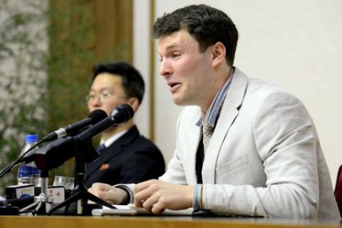 (FILES) This file photo taken on February 29, 2016 and released by North Korea's official Korean Central News Agency (KCNA) on March 1, 2016 shows US student Otto Frederick Warmbier (R), who was arrested for committing hostile acts against North Korea, speaking at a press conference in Pyongyang. North Korea has detained another US citizen for committing "hostile acts", it said on May 7, 2017, its second arrest of an American in a fortnight with tensions high between Pyongyang and Washington. Two more US citizens -- college student Otto Warmbier and Korean-American pastor Kim Dong-Chul -- are currently being held in the North after being sentenced to long prison terms. / AFP PHOTO / KCNA VIA KNS / STR / South Korea OUT / REPUBLIC OF KOREA OUT ---EDITORS NOTE--- RESTRICTED TO EDITORIAL USE - MANDATORY CREDIT "AFP PHOTO/KCNA VIA KNS" - NO MARKETING NO ADVERTISING CAMPAIGNS - DISTRIBUTED AS A SERVICE TO CLIENTS THIS PICTURE WAS MADE AVAILABLE BY A THIRD PARTY. AFP CAN NOT INDEPENDENTLY VERIFY THE AUTHENTICITY, LOCATION, DATE AND CONTENT OF THIS IMAGE. THIS PHOTO IS DISTRIBUTED EXACTLY AS RECEIVED BY AFP. /
