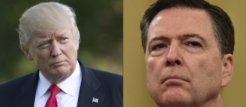 (COMBO) This combination of pictures created on May 12, 2017 shows US President Donald Trump walking after arriving on Marine One on the South Lawn of the White House in Washington, DC, April 28, 2017, following a trip to Atlanta, Georgia. FBI Director James Comey looks on during the House Permanent Select Committee on Intelligence hearing on Russian actions during the 2016 election campaign on March 20, 2017 on Capitol Hill in Washington, DC. / AFP PHOTO / SAUL LOEB AND Nicholas Kamm