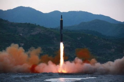This picture taken on May 14, 2017 and released from North Korea's official Korean Central News Agency (KCNA) on May 15 shows a test launch of the ground-to-ground medium long-range strategic ballistic rocket Hwasong-12 at an undisclosed location. / AFP PHOTO / KCNA VIA KNS / STR / South Korea OUT / REPUBLIC OF KOREA OUT ---EDITORS NOTE--- RESTRICTED TO EDITORIAL USE - MANDATORY CREDIT "AFP PHOTO/KCNA VIA KNS" - NO MARKETING NO ADVERTISING CAMPAIGNS - DISTRIBUTED AS A SERVICE TO CLIENTS THIS PICTURE WAS MADE AVAILABLE BY A THIRD PARTY. AFP CAN NOT INDEPENDENTLY VERIFY THE AUTHENTICITY, LOCATION, DATE AND CONTENT OF THIS IMAGE. THIS PHOTO IS DISTRIBUTED EXACTLY AS RECEIVED BY AFP. /