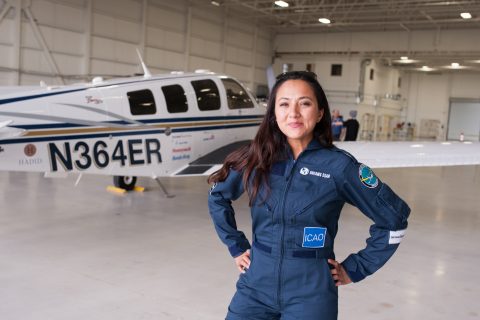 Shaesta Waiz, Afghanistans first female certified civilian pilot and a recent graduate of Embry-Riddle Aeronautical University, poses after arriving in Montreal, Canada, May 15, 2017 on the third leg of her round-the-world solo flight. She is launching the Dreams Soar solo round-the-world flight to inspire the next generation of women pilots and raise awareness of STEM (Science, Technology, Engineering, and Mathematics) education. / AFP PHOTO / Catherine Legault