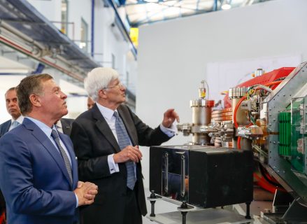 A handout picture released by the Jordanian Royal Palace shows Jordan's King Abdullah II (L) attending the formal launch of The International Centre for Synchrotron-Light for Experimental Science and Applications in the Middle East, known by the acronym SESAME, an international research centre in Balqa province, northewest of Amman on May 16, 2017. SESAME was set up on the model of the European Organization for Nuclear Research (CERN) -- Europe's top physics laboratory -- and construction work on the $100 million centre started in 2003. / AFP PHOTO / Jordanian Royal Palace / HO / RESTRICTED TO EDITORIAL USE - MANDATORY CREDIT "AFP PHOTO / JORDANIAN ROYAL PALACE" - NO MARKETING NO ADVERTISING CAMPAIGNS - DISTRIBUTED AS A SERVICE TO CLIENTS