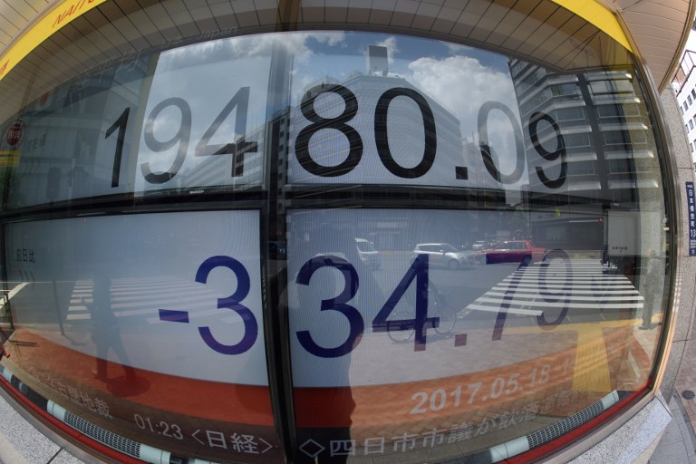 A stock quotation board displays the key Nikkei index of the Tokyo Stock Exchange in front of a securities company in Tokyo on May 18, 2017. Tokyo stocks fell at the start May 18, tracking a tumble on Wall Street as US president Donald Trump's mounting crises raise questions about the future of his ambitious economic agenda. / AFP PHOTO / Kazuhiro NOGI