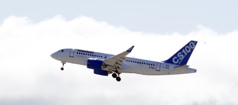 (FILES) This file photo taken on September 16, 2013 shows the bombardier aircraft CSseries is shown in Mirabel, Quebec after take off. The Trump administration on May 18, 2017 launched an investigation into imports of Canadian aircraft, following a complaint last month by the US aviation giant Boeing that the planes receive unfair subsidies.The antidumping investigation will look into charges Canada's Bombardier receives subsidies of nearly 80 percent, and could lead the US Commerce Department to impose to punitive import duties of that amount / AFP PHOTO / Clement Sabourin