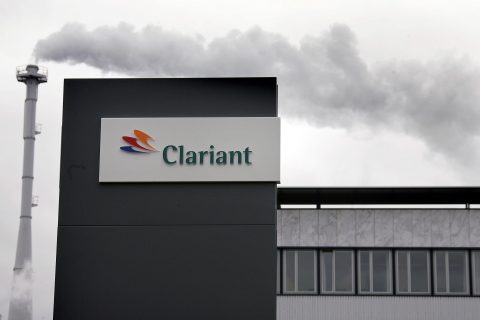 (FILES) This file photo taken on November 14, 2006 at the company headquarters in Muttenz shows the logo of the Swiss chemicals group Clariant on a building.  Swiss group Clariant on May 22, 2017 said it planned to merge with US counterpart Huntsman to create a trans-Atlantic chemicals giant with a combined value of around $20 billion. The all-stock transaction -- which Clariant said would be a "merger of equals" -- was agreed by the boards of both companies.   / AFP PHOTO / FABRICE COFFRINI