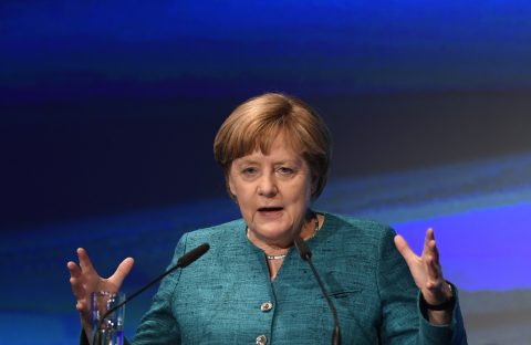 German Chancellor Angela Merkel delivers her speech during the opening ceremony for the new plant of the ACCUMOTIVE company producing accumulators for cars in Kamenz, eastern Germany on May 22, 2017. Accumotive is a subsidary of German car maker Daimler AG. / AFP PHOTO / ROBERT MICHAEL