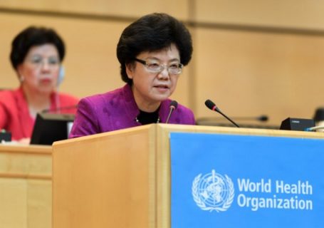 Chairperson of China's National Health and Family Planning Commission, Li Bin (R) delivers her speech next to Outgoing Director General of the World Health Organization (WHO) China's Margaret Chan on the opening day of the World Health Assembly (WHA), the WHO annual meeting, on May 22, 2017 in Geneva. / AFP PHOTO / Fabrice COFFRINI
