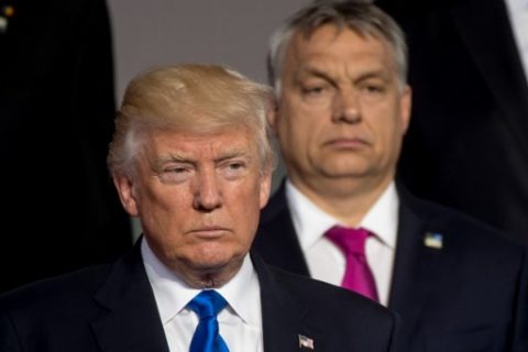 (L-R)US President Donald Trump and Prime Minister of  of Hungary Viktor Orban stand during a family picture during the NATO (North Atlantic Treaty Organization) summit at the NATO headquarters, in Brussels, on May 25, 2017.  / AFP PHOTO / POOL / Danny GYS