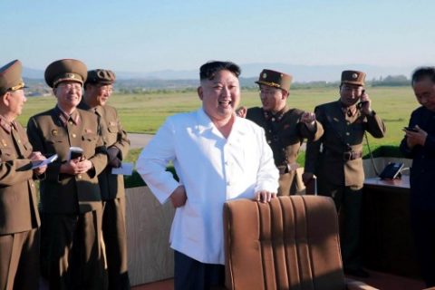 This undated picture released from North Korea's official Korean Central News Agency (KCNA) on May 28, 2017 shows North Korean leader Kim Jong-Un (C) inspecting the test of a new anti-aircraft guided weapon system organized by the Academy of National Defence Science at an undisclosed location. North Korean leader Kim Jong-Un has overseen a test of a new anti-aircraft weapon system, state media said on May 28, amid mounting tensions in the region following a series of missile tests by Pyongyang. / AFP PHOTO / KCNA VIA KNS / STR / - South Korea OUT / REPUBLIC OF KOREA OUT ---EDITORS NOTE--- RESTRICTED TO EDITORIAL USE - MANDATORY CREDIT "AFP PHOTO/KCNA VIA KNS" - NO MARKETING NO ADVERTISING CAMPAIGNS - DISTRIBUTED AS A SERVICE TO CLIENTS THIS PICTURE WAS MADE AVAILABLE BY A THIRD PARTY. AFP CAN NOT INDEPENDENTLY VERIFY THE AUTHENTICITY, LOCATION, DATE AND CONTENT OF THIS IMAGE. THIS PHOTO IS DISTRIBUTED EXACTLY AS RECEIVED BY AFP. /
