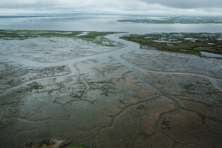 FILE PHOTO: NEWTOK, AK - JULY 06: The marshy, tundra landscape surrounding Newtok is seen from a plane on July 6, 2015 outside Newtok, Alaska. Newtok, which has a population of approximately of 375 ethnically Yupik people, was established along the shores of the Ninglick River, near where the river meets the Bering Sea, by the Bureau of Indian Affairs (BIA) in 1959. The Yupik people have lived on the coastal lands along the Bering Sea for thousands of years. However, as global temperatures rise the village is being threatened by the melting of permafrost; greater ice and snow melt - which is causing the Ninglick river to widen and erode the river bank; and larger storms that come in from the Bering Sea, which further erodes the land. According to the U.S. Army Corp of Engineers, the high point in Newtok - the school - could be underwater by 2017. A new village, approximately nine miles away titled Mertarvik, has been established, though so far families have been slow to relocate to the new village.   Andrew Burton/Getty Images/AFP