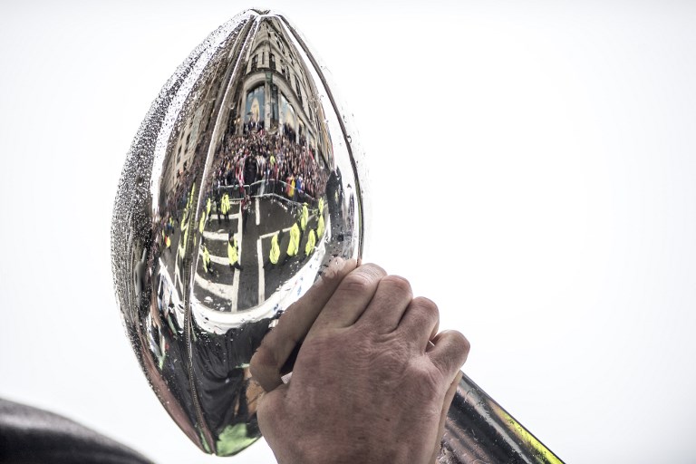 BOSTON, MA - FEBRUARY 07: The Vince Lombardi trophy is held during the New England Patriots Super Bowl victory parade on February 7, 2017 in Boston, Massachusetts. The Patriots defeated the Atlanta Falcons 34-28 in overtime in Super Bowl 51. Billie Weiss/Getty Images/AFP