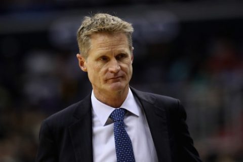 WASHINGTON, DC - FEBRUARY 28: Head coach Steve Kerr of the Golden State Warriors looks on in the first half against the Washington Wizards at Verizon Center on February 28, 2017 in Washington, DC. NOTE TO USER: User expressly acknowledges and agrees that, by downloading and or using this photograph, User is consenting to the terms and conditions of the Getty Images License Agreement. Rob Carr/Getty Images/AFP