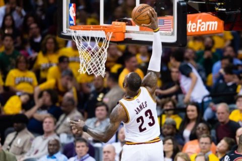 CLEVELAND, OH - MAY 1: LeBron James #23 of the Cleveland Cavaliers dunks during the second half of Game One of the NBA Eastern Conference semifinals against the Toronto Raptors at Quicken Loans Arena on May 1, 2017 in Cleveland, Ohio. The Cavaliers defeated the Raptors 116-105. NOTE TO USER: User expressly acknowledges and agrees that, by downloading and or using this photograph, User is consenting to the terms and conditions of the Getty Images License Agreement. Jason Miller/Getty Images/AFP