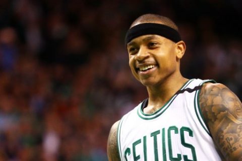 BOSTON, MA - MAY 2: Isaiah Thomas #4 of the Boston Celtics smiles during overtime in the Celtics 129-119 win over the Washington Wizards in Game Two of the Eastern Conference Semifinals at TD Garden on May 2, 2017 in Boston, Massachusetts. NOTE TO USER: User expressly acknowledges and agrees that, by downloading and or using this Photograph, user is consenting to the terms and conditions of the Getty Images License Agreement. Maddie Meyer/Getty Images/AFP