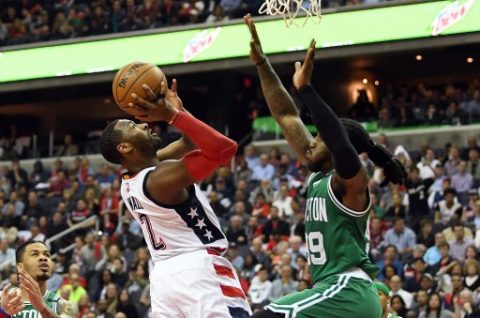 WASHINGTON, DC - MAY 04: John Wall #2 of the Washington Wizards shoots the ball in the second quarter against the Boston Celtics in Game Three of the Eastern Conference Semifinals at Verizon Center on May 4, 2017 in Washington, DC. NOTE TO USER: User expressly acknowledges and agrees that, by downloading and or using this photograph, User is consenting to the terms and conditions of the Getty Images License Agreement. Greg Fiume/Getty Images/AFP