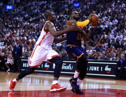 TORONTO, ON - MAY 07: Lebron James #23 of the Cleveland Cavaliers looks to shoot as Serge Ibaka #9 of the Toronto Raptors defends in the first half of Game Four of the Eastern Conference Semifinals during the 2017 NBA Playoffs at Air Canada Centre on May 7, 2017 in Toronto, Canada. NOTE TO USER: User expressly acknowledges and agrees that, by downloading and or using this photograph, User is consenting to the terms and conditions of the Getty Images License Agreement. Vaughn Ridley/Getty Images/AFP