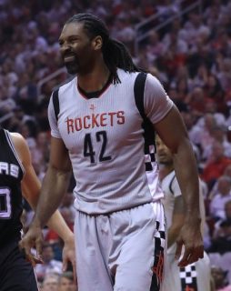 HOUSTON, TX - MAY 07: Nene Hilario #42 of the Houston Rockets reacts after he was charged with a foul against Jonathon Simmons #17 of the San Antonio Spurs during Game Three of the NBA Western Conference Semi-Finals at Toyota Center on May 7, 2017 in Houston, Texas. NOTE TO USER: User expressly acknowledges and agrees that, by downloading and or using this photograph, User is consenting to the terms and conditions of the Getty Images License Agreement. Ronald Martinez/Getty Images/AFP
