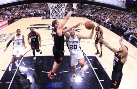 SAN ANTONIO, TX - MAY 09: Manu Ginobili #20 of the San Antonio Spurs takes a shot against Ryan Anderson #3 of the Houston Rockets in the second quarter during Game Five of the Western Conference Semi-Finals at AT&T Center on May 9, 2017 in San Antonio, Texas. NOTE TO USER: User expressly acknowledges and agrees that, by downloading and or using this photograph, User is consenting to the terms and conditions of the Getty Images License Agreement. Ronald Martinez/Getty Images/AFP